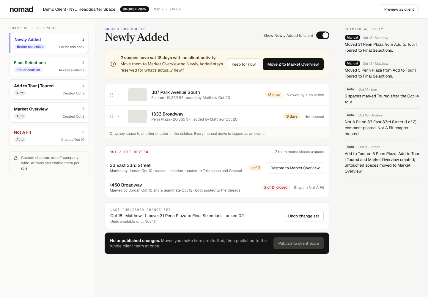 Broker chapter control with Newly Added stale nudge, change set undo and publish bar
