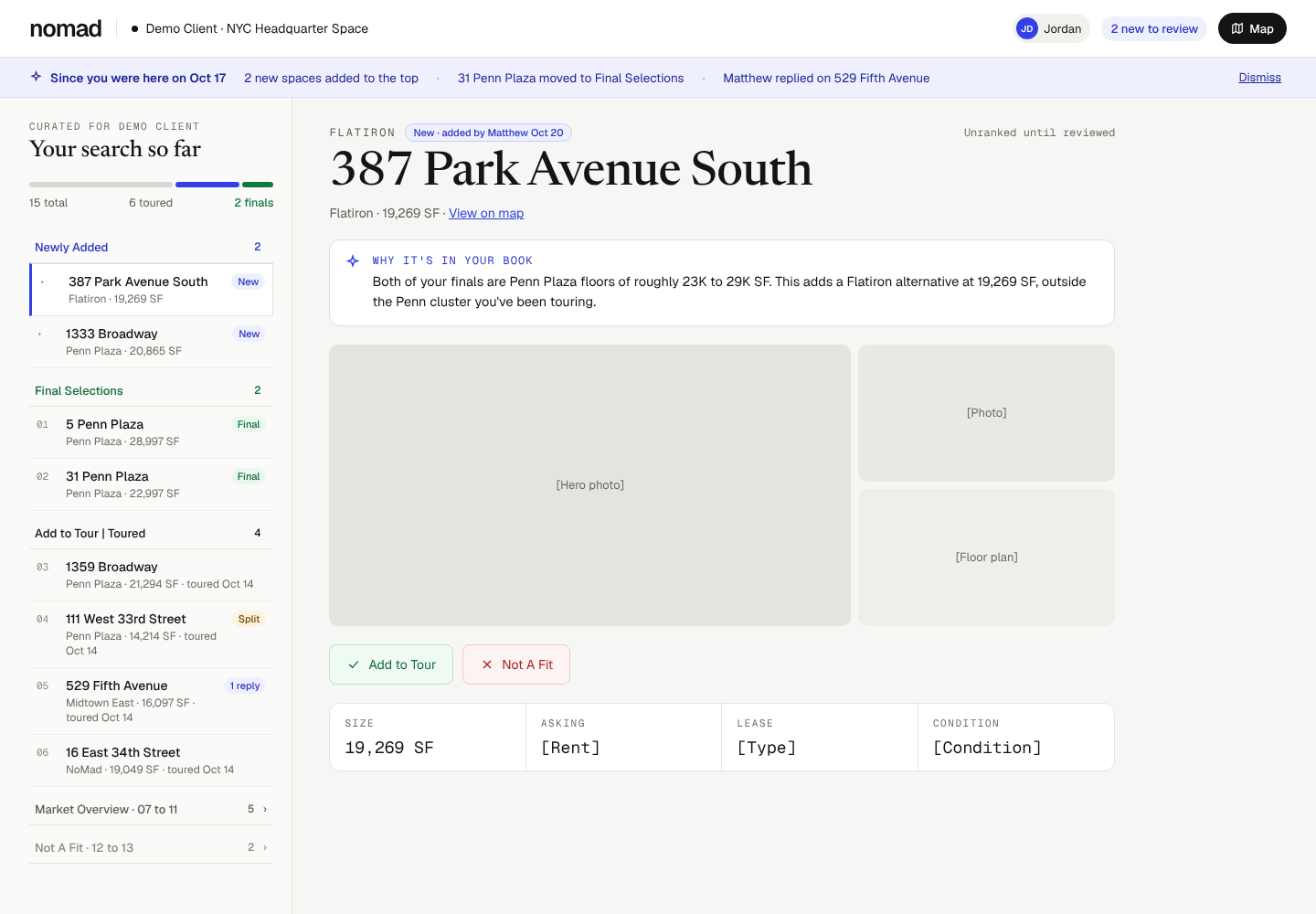Client view on desktop with chapters, funnel bar and since-you-were-here strip
